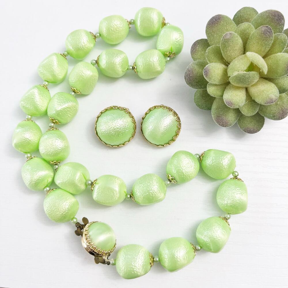 Vintage JAPAN Mid-Century Mint Green Necklace & Clip Earring Set
